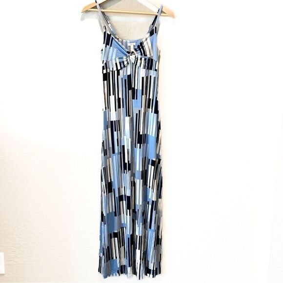 Soma Twist Front Maxi Dress Geometric Print Stretch Knit Black Blue Cream XS NWT - Picture 2 of 14